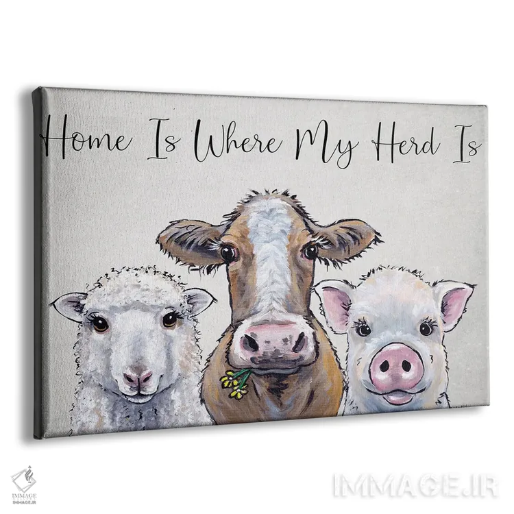 تابلو مدرنی حیوانات مزرعه گوسفند، گاو، خوک، خانه همان جاست که گله… اثر هیپی هاوند استودیوز - نمای پرسپکتیو محصول