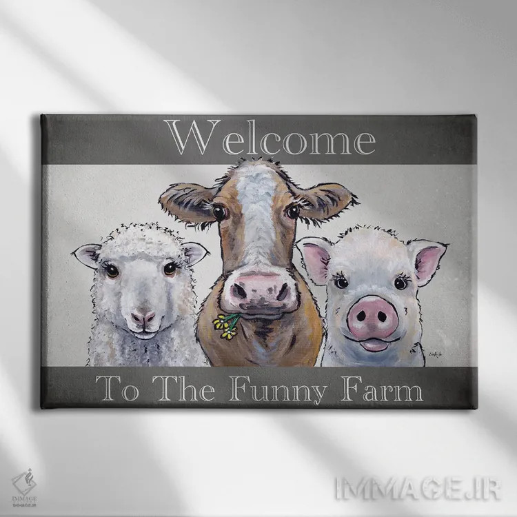 تابلو مدرن خوش آمدید به مزرعه بامزه، سه تایی حیوانات مزرعه اثر هیپی هاوند استودیوز - نمای روبهرو روی دیوار