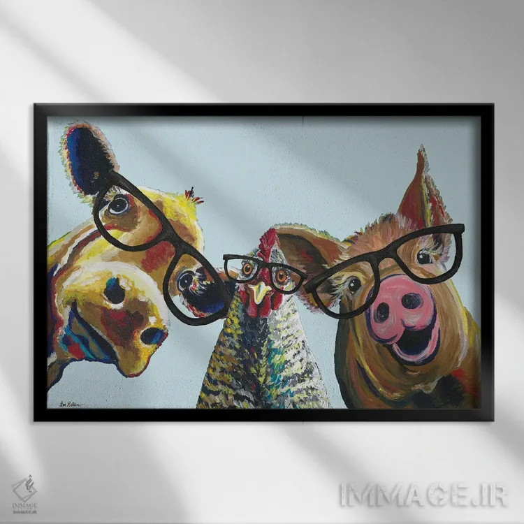 تابلو مدرن سه برابر سرگرمی، سه تایی حیوانات روستایی اثر هیپی هاوند استودیوز - نمای قابدار مشکی