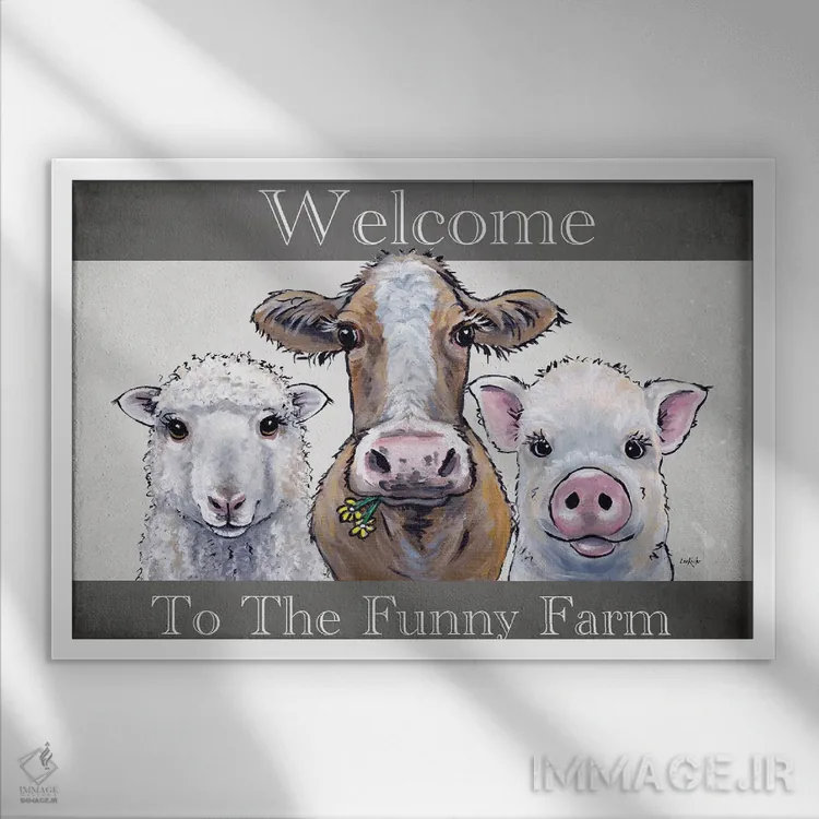تابلو مدرن خوش آمدید به مزرعه بامزه، سه تایی حیوانات مزرعه اثر هیپی هاوند استودیوز - نمای قابدار سفید