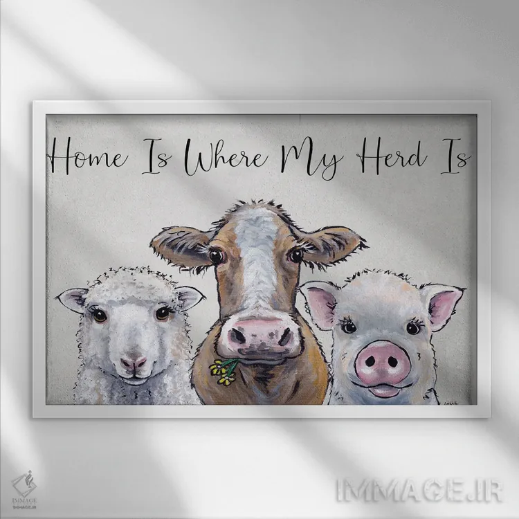 تابلو مدرنی حیوانات مزرعه گوسفند، گاو، خوک، خانه همان جاست که گله… اثر هیپی هاوند استودیوز - نمای قابدار سفید
