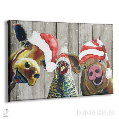 تابلو دکوراتیو کریسمس حیاط مزرعه، سه تایی بامزه کریسمس حیوانات، کر… اثر هیپی هاوند استودیوز - نمای پرسپکتیو محصول