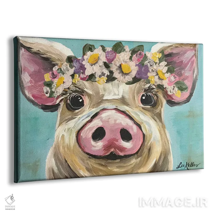تابلو دکوراتیو خوک با تاج گل روی زمینه فیروزه ای اثر هیپی هاوند استودیوز - نمای پرسپکتیو محصول
