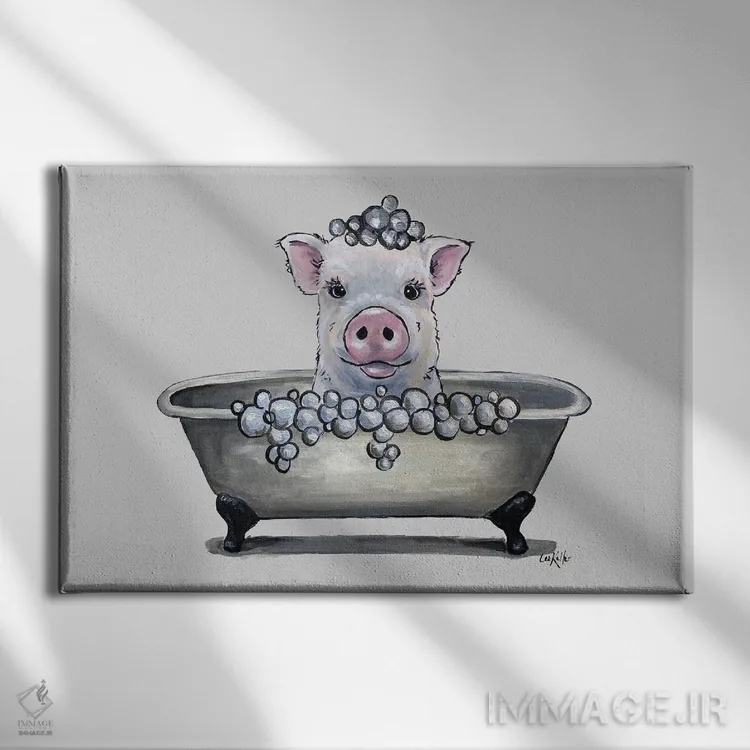 تابلو دکوراتیو خوک در وان، نقاشی خوک حمام "دلبرت" اثر هیپی هاوند استودیوز - نمای روبهرو روی دیوار