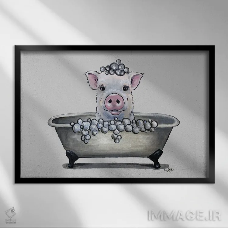 تابلو دکوراتیو خوک در وان، نقاشی خوک حمام "دلبرت" اثر هیپی هاوند استودیوز - نمای قابدار مشکی