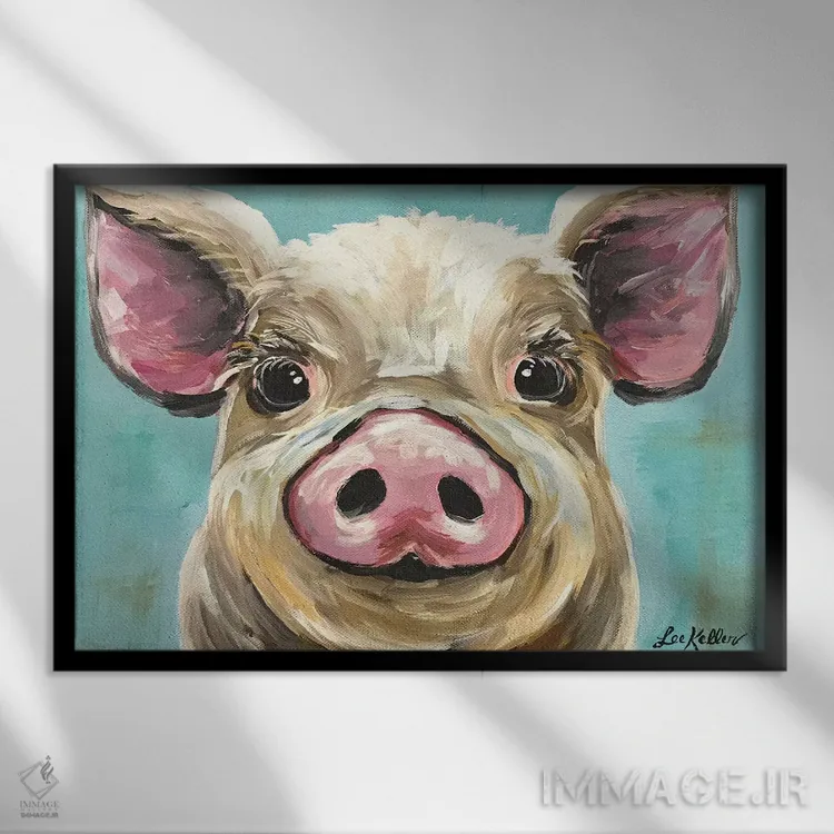 تابلو دکوراتیو خوک رزی روی فیروزه ای اثر هیپی هاوند استودیوز - نمای قابدار مشکی