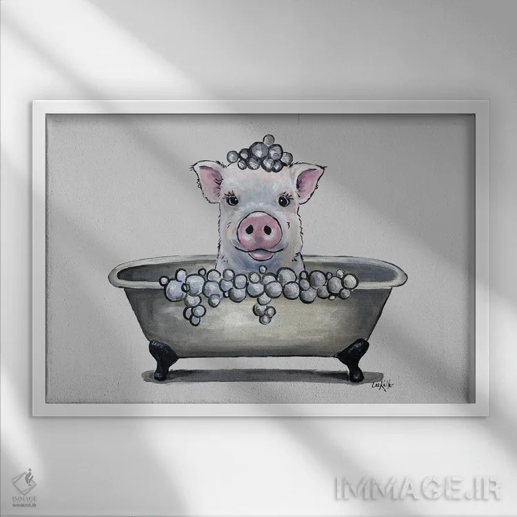 تابلو دکوراتیو خوک در وان، نقاشی خوک حمام "دلبرت" اثر هیپی هاوند استودیوز - نمای قابدار سفید