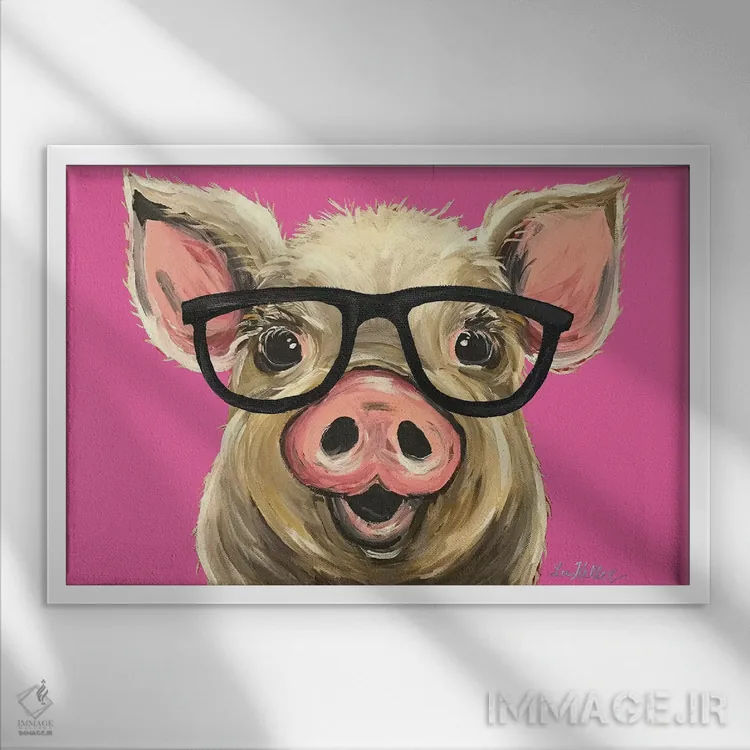 تابلو دکوراتیو خوک رزی با عینک اثر هیپی هاوند استودیوز - نمای قابدار سفید