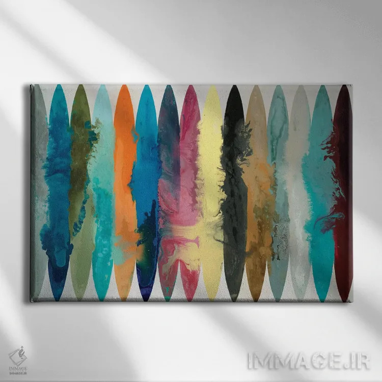 تابلو انتزاعی موج های رنگی اثر رندی هبرد - نمای روبهرو روی دیوار