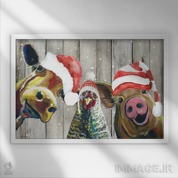 تابلو دکوراتیو کریسمس حیاط مزرعه، سه تایی بامزه کریسمس حیوانات، کر… اثر هیپی هاوند استودیوز - نمای قابدار سفید