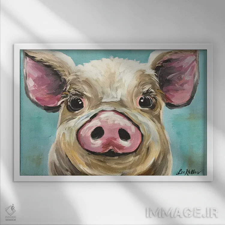 تابلو دکوراتیو خوک رزی روی فیروزه ای اثر هیپی هاوند استودیوز - نمای قابدار سفید
