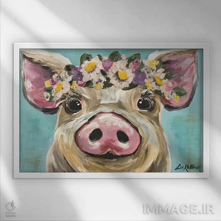 تابلو دکوراتیو خوک با تاج گل روی زمینه فیروزه ای اثر هیپی هاوند استودیوز - نمای قابدار سفید