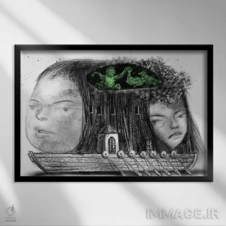 تابلو دکوراتیو زغال سنگ روی کشتی اثر هیرویوشی کوراوا - نمای قابدار مشکی