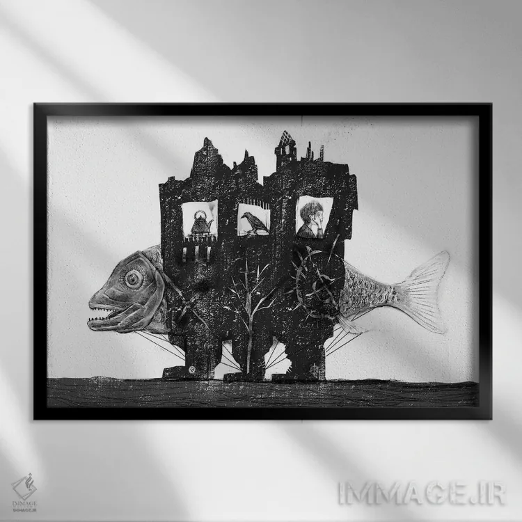 تابلو دکوراتیو زغال سنگ راه رونده ماهی اثر هیرویوشی کوراوا - نمای قابدار مشکی