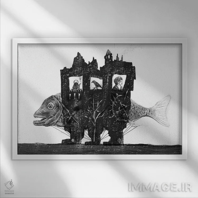 تابلو دکوراتیو زغال سنگ راه رونده ماهی اثر هیرویوشی کوراوا - نمای قابدار سفید