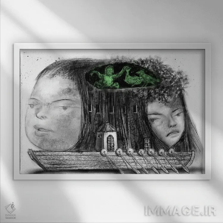 تابلو دکوراتیو زغال سنگ روی کشتی اثر هیرویوشی کوراوا - نمای قابدار سفید