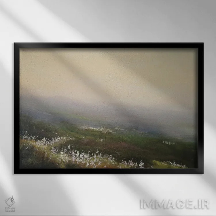 تابلو دکوراتیو هوا مه آلود و علف پنبه ای اثر هانا کروین - نمای قابدار مشکی