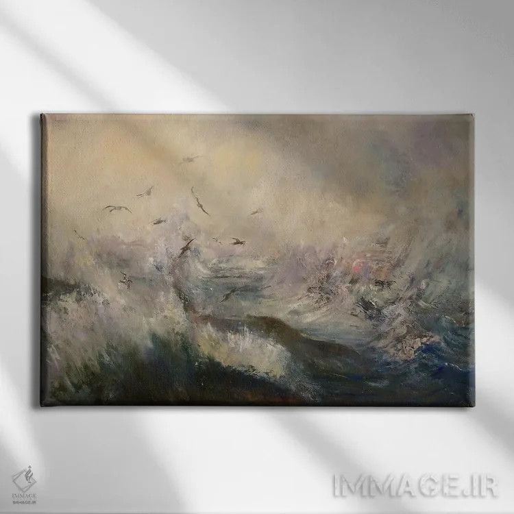 تابلو مدرن پاشش طوفان و مرغان دریایی در هوای ترسناک، ویتبی یورکشایر شمالی اثر هانا کروین - نمای روبهرو روی دیوار