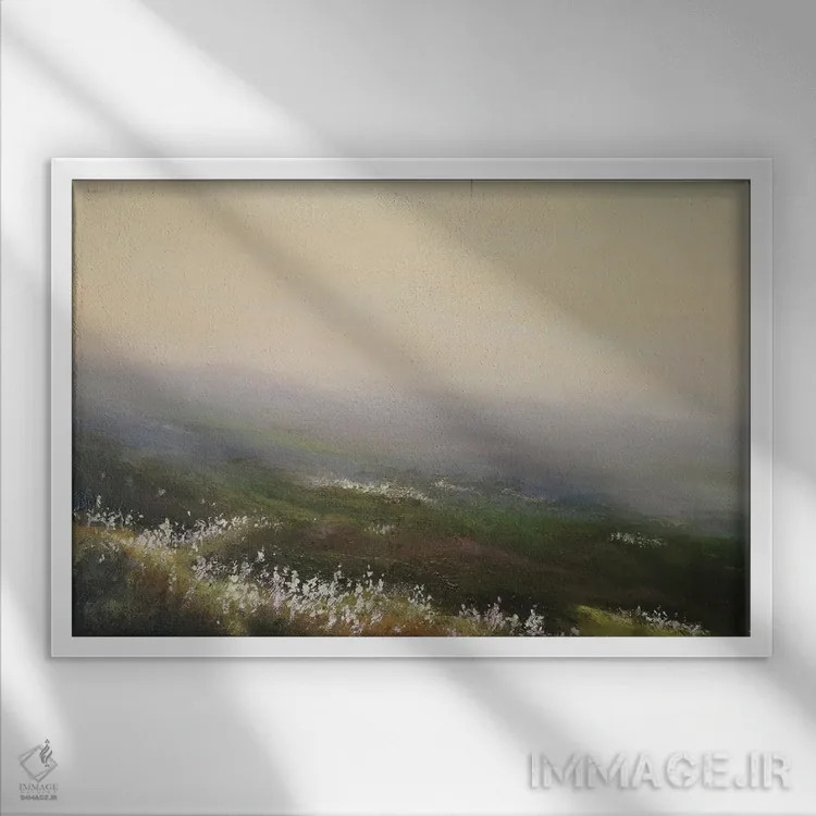 تابلو دکوراتیو هوا مه آلود و علف پنبه ای اثر هانا کروین - نمای قابدار سفید