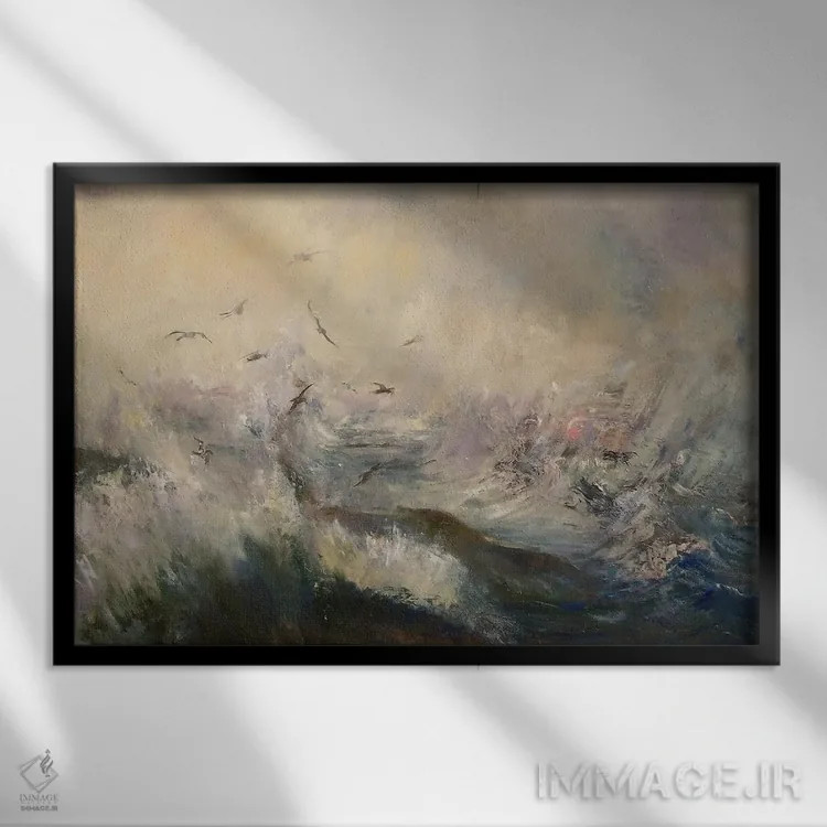 تابلو مدرن پاشش طوفان و مرغان دریایی در هوای ترسناک، ویتبی یورکشایر شمالی اثر هانا کروین - نمای قابدار مشکی