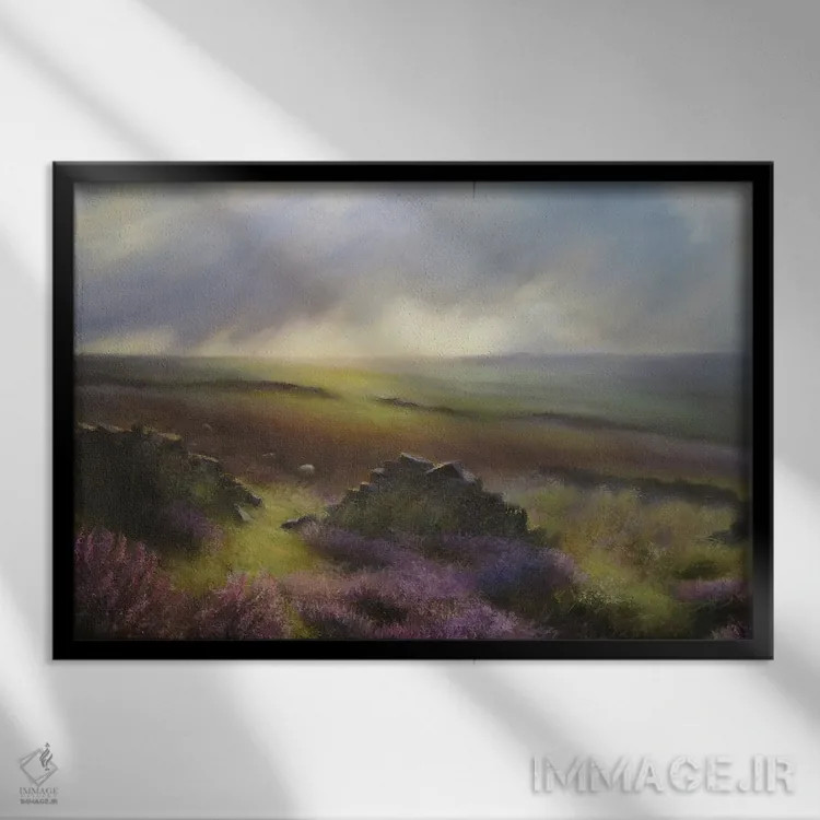 تابلو دکوراتیو سه گوسفند در دشت خلنگ اثر هانا کروین - نمای قابدار مشکی