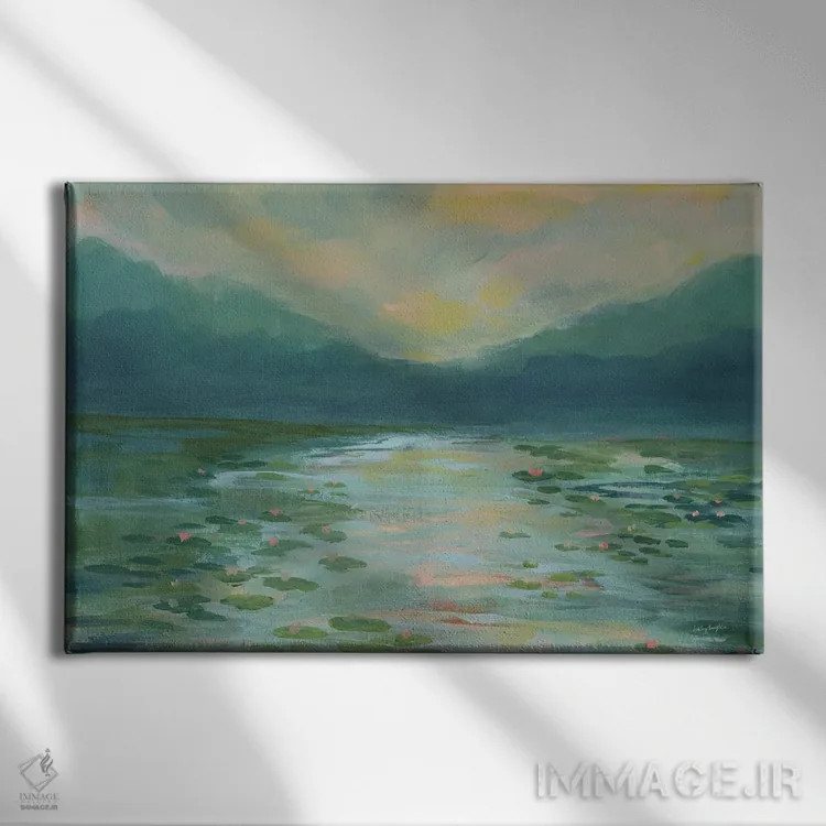 تابلو انتزاعی تالاب نیلوفر آبی اثر هیلی نایتن - نمای روبهرو روی دیوار