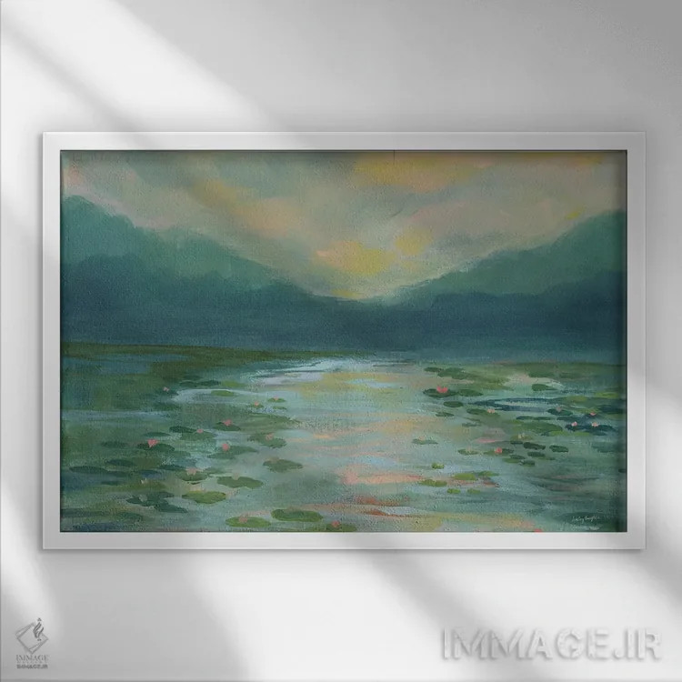 تابلو انتزاعی تالاب نیلوفر آبی اثر هیلی نایتن - نمای قابدار سفید