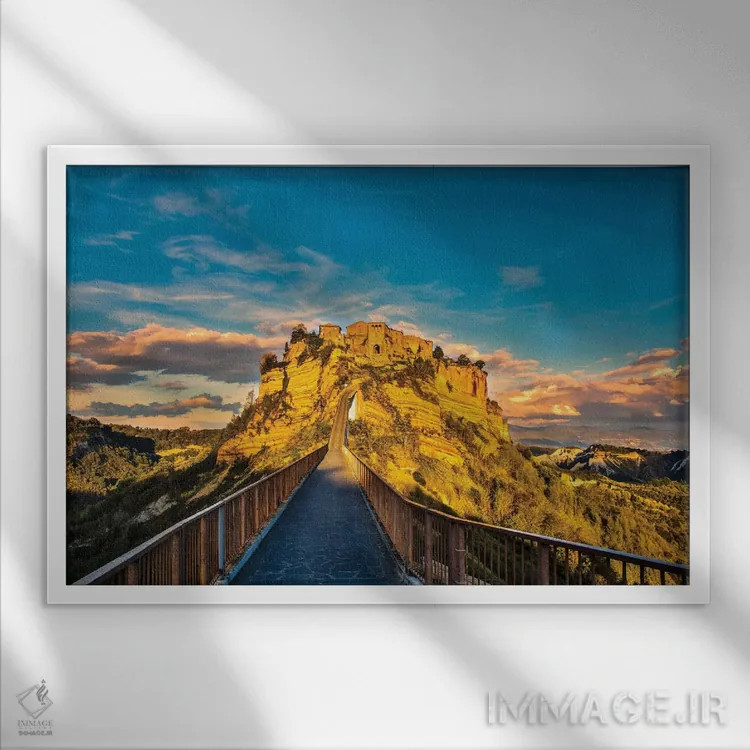 تابلو دکوراتیو Civita, Bridge to Civita,ایتالیا، شهر چیویتا، پل منتهی به چی… اثر هولیس لونی - نمای قابدار سفید