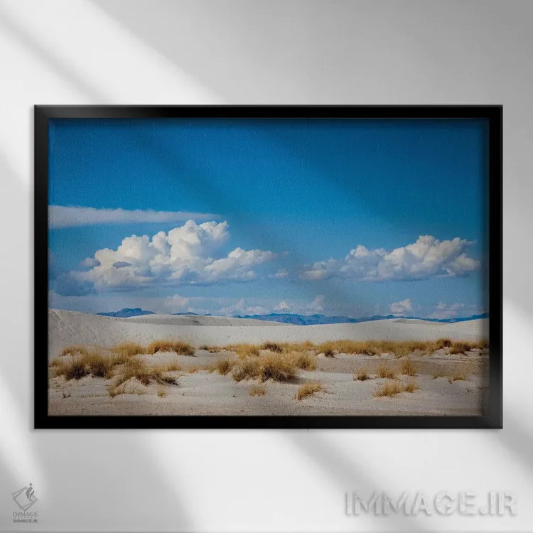 تابلو دکوراتیو نیومکزیکو، چشم انداز تپه های شنی و کوه ها در پارک ملی وایت س… اثر هولیس لونی - نمای قابدار مشکی