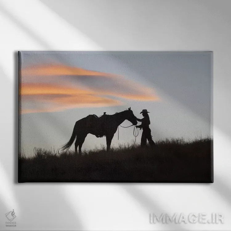 تابلو دکوراتیو Wyoming, Shell, The Hideout Ranch, Silhouette of Cowgirl wit… اثر هولیس لونی - نمای روبهرو روی دیوار