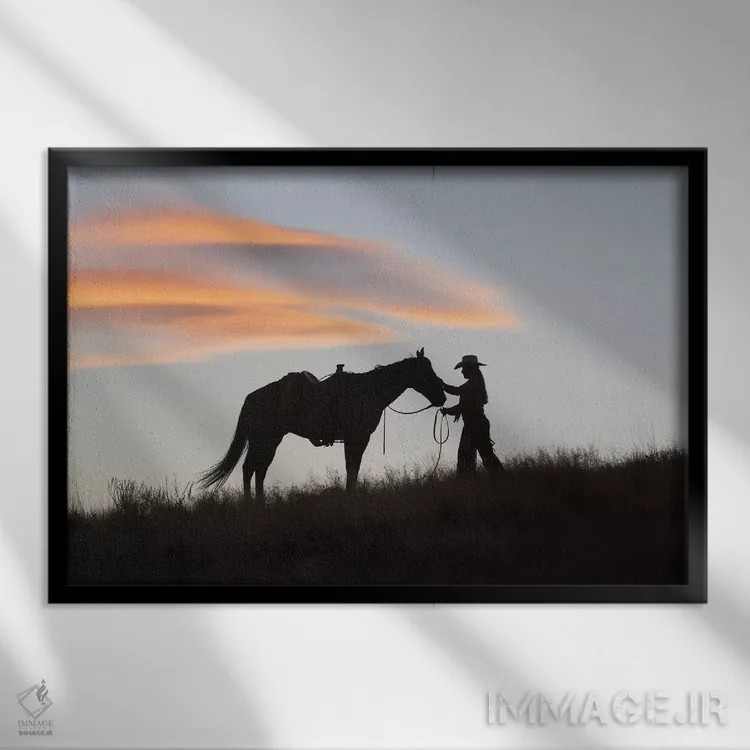 تابلو دکوراتیو Wyoming, Shell, The Hideout Ranch, Silhouette of Cowgirl wit… اثر هولیس لونی - نمای قابدار مشکی