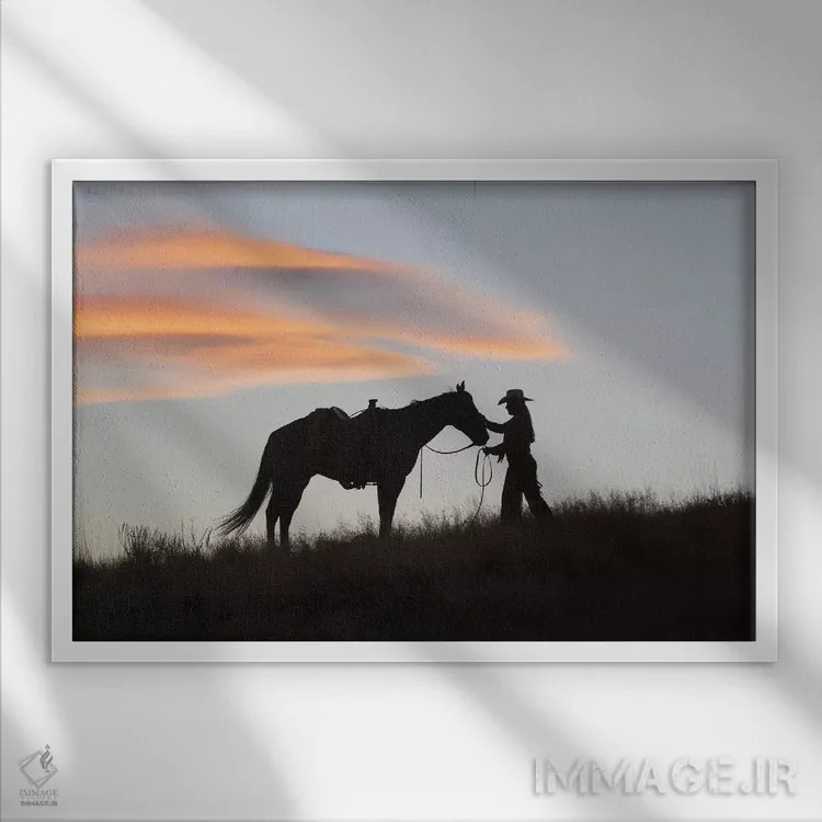 تابلو دکوراتیو Wyoming, Shell, The Hideout Ranch, Silhouette of Cowgirl wit… اثر هولیس لونی - نمای قابدار سفید