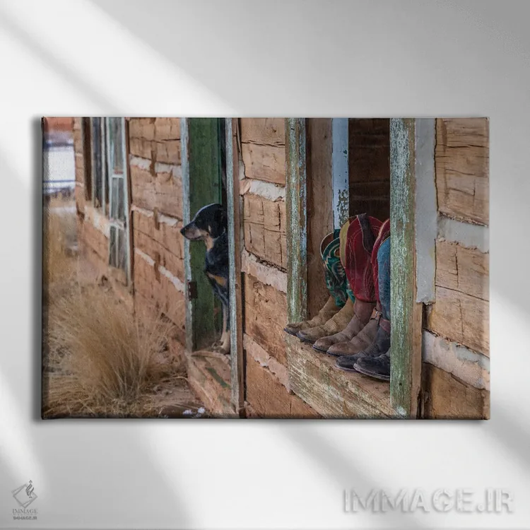 تابلو دکوراتیو Wyoming Hideout Horse Ranch, Boots On Display,آمریکا، وایومی… اثر هولیس لونی - نمای روبهرو روی دیوار