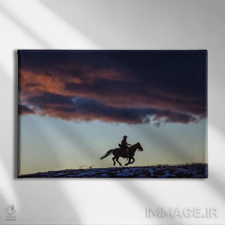 تابلو دکوراتیو Wyoming Hideout Horse Ranch, Wrangler And Horse At Sunset I… اثر هولیس لونی - نمای روبهرو روی دیوار