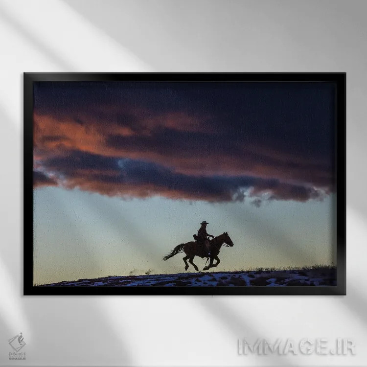 تابلو دکوراتیو Wyoming Hideout Horse Ranch, Wrangler And Horse At Sunset I… اثر هولیس لونی - نمای قابدار مشکی