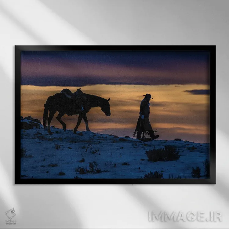 تابلو دکوراتیو Wyoming Hideout Horse Ranch, Wrangler And Horse At Sunset II… اثر هولیس لونی - نمای قابدار مشکی