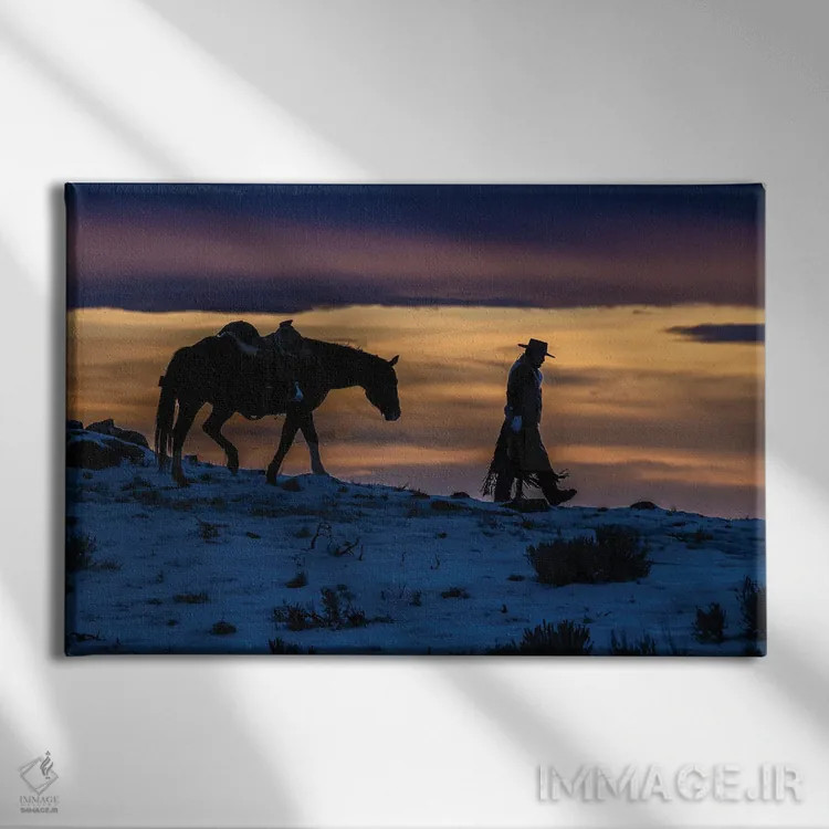 تابلو دکوراتیو Wyoming Hideout Horse Ranch, Wrangler And Horse At Sunset II… اثر هولیس لونی - نمای روبهرو روی دیوار