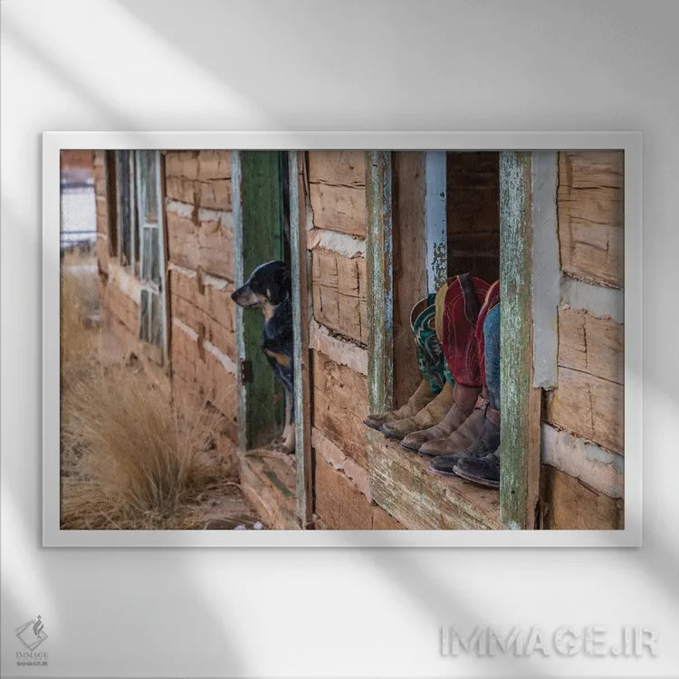 تابلو دکوراتیو Wyoming Hideout Horse Ranch, Boots On Display,آمریکا، وایومی… اثر هولیس لونی - نمای قابدار سفید