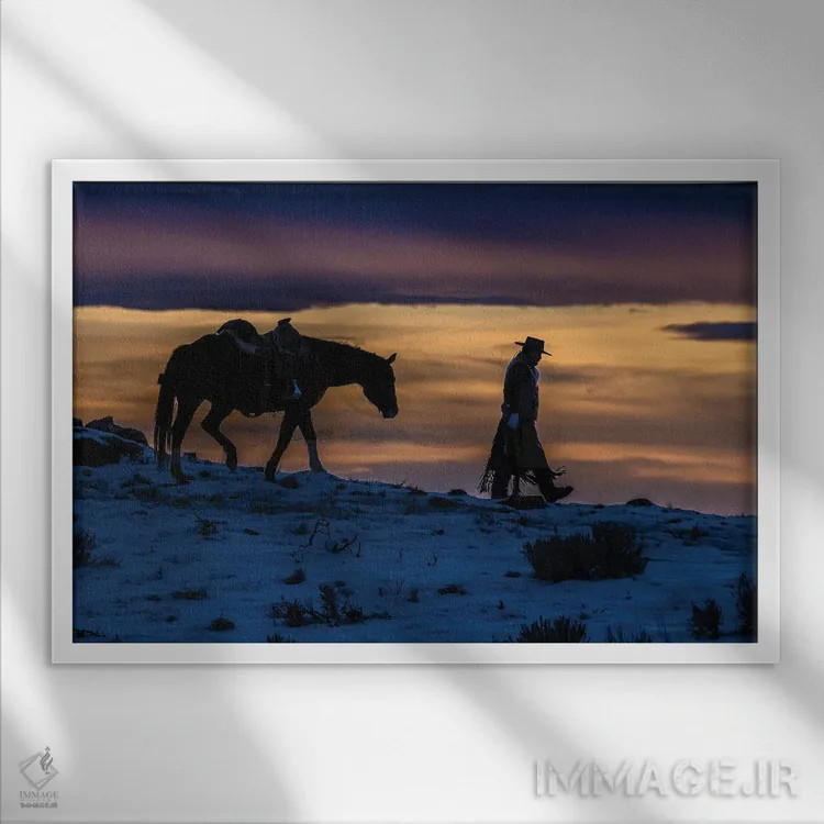 تابلو دکوراتیو Wyoming Hideout Horse Ranch, Wrangler And Horse At Sunset II… اثر هولیس لونی - نمای قابدار سفید