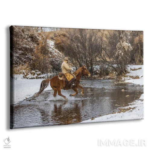 تابلو دکوراتیو Wyoming Hideout Horse Ranch, Wrangler Crossing The Stream On… اثر هولیس لونی - نمای پرسپکتیو محصول