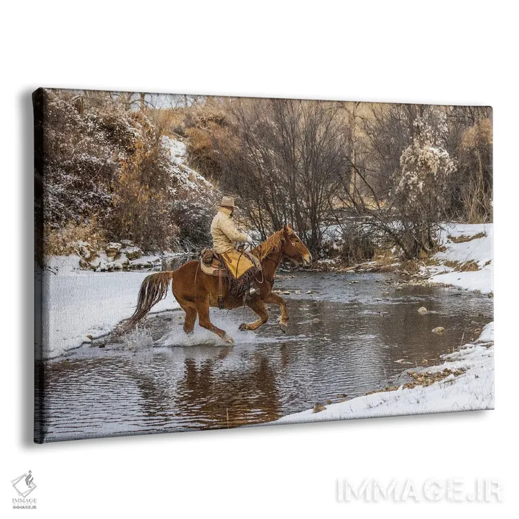 تابلو دکوراتیو Wyoming Hideout Horse Ranch, Wrangler Crossing The Stream On… اثر هولیس لونی - نمای پرسپکتیو محصول