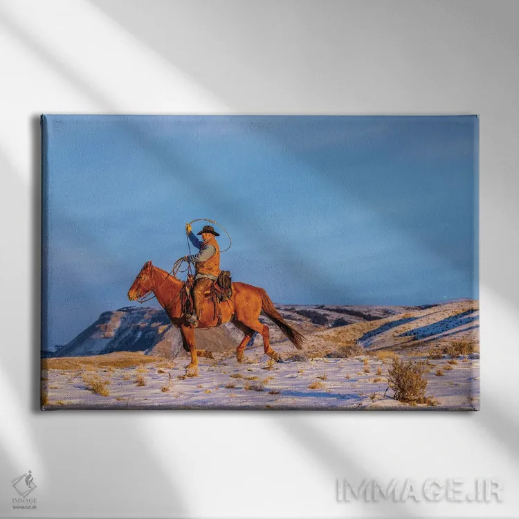 تابلو دکوراتیو Wyoming Hideout Horse Ranch, Wrangler And Horse In Snow,آمری… اثر هولیس لونی - نمای روبهرو روی دیوار