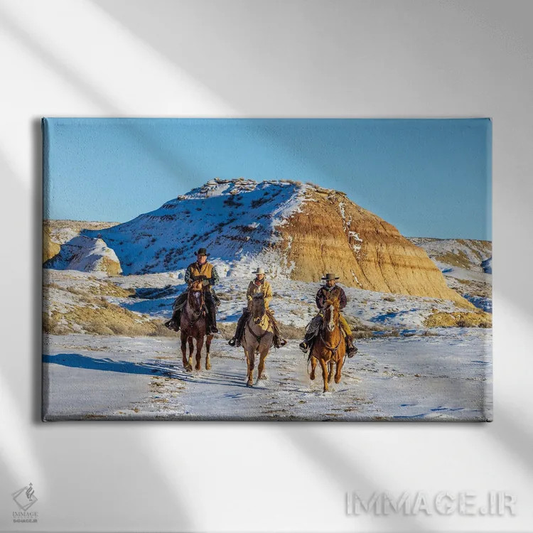 تابلو دکوراتیو Wyoming Hideout Horse Ranch, Wranglers And Horses In Snow,آم… اثر هولیس لونی - نمای روبهرو روی دیوار
