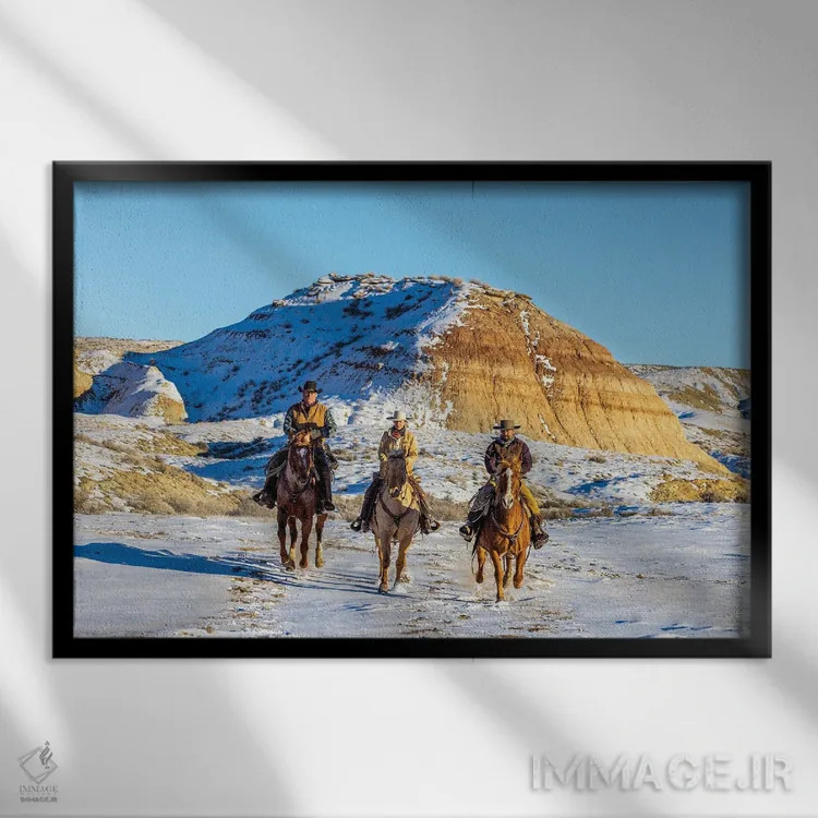 تابلو دکوراتیو Wyoming Hideout Horse Ranch, Wranglers And Horses In Snow,آم… اثر هولیس لونی - نمای قابدار مشکی