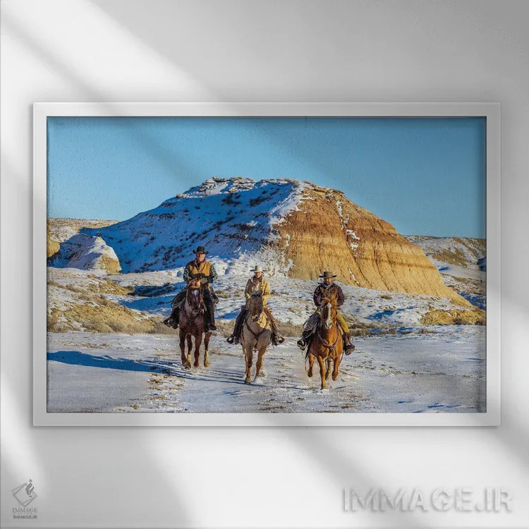 تابلو دکوراتیو Wyoming Hideout Horse Ranch, Wranglers And Horses In Snow,آم… اثر هولیس لونی - نمای قابدار سفید