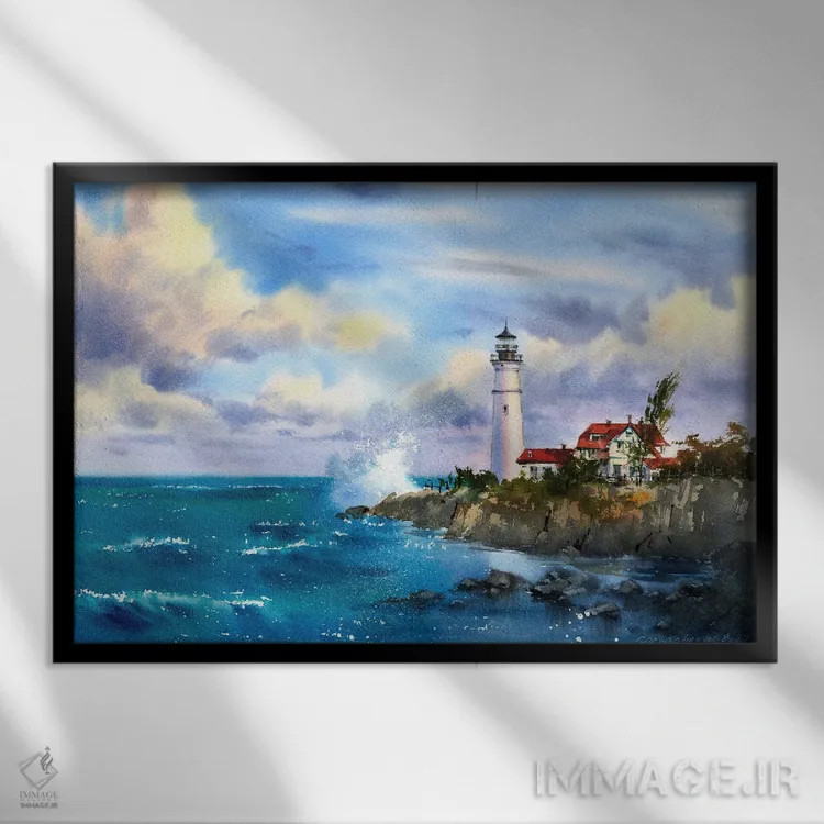 تابلو دکوراتیو فانوس دریایی و دریا اثر هوم لایک آرت - نمای قابدار مشکی