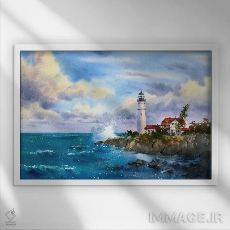 تابلو دکوراتیو فانوس دریایی و دریا اثر هوم لایک آرت - نمای قابدار سفید