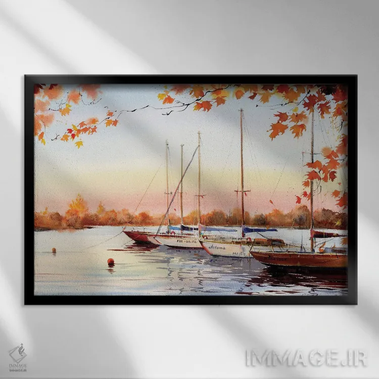 تابلو دکوراتیو Autumn Landscape,قایق های بادبانی در مارینا، منظره پاییزی اثر هوم لایک آرت - نمای قابدار مشکی