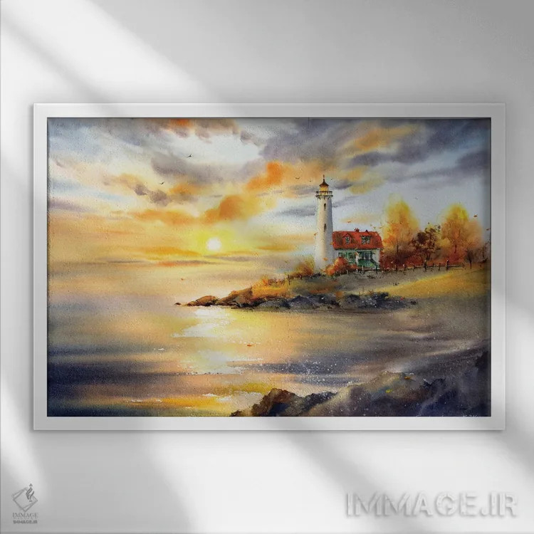 تابلو دکوراتیو Autumn Landscape,فانوس دریایی در غروب، منظره پاییزی اثر هوم لایک آرت - نمای قابدار سفید