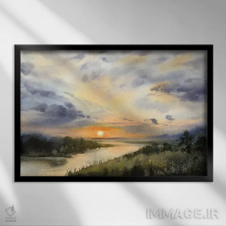 تابلو دکوراتیو مزرعه و رودخانه I اثر هوم لایک آرت - نمای قابدار مشکی